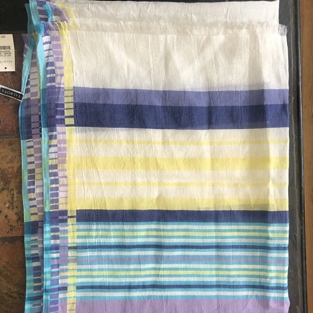 NWT Talbots Off White Scarf Purple Yellow Teal Stripes Cotton Silk